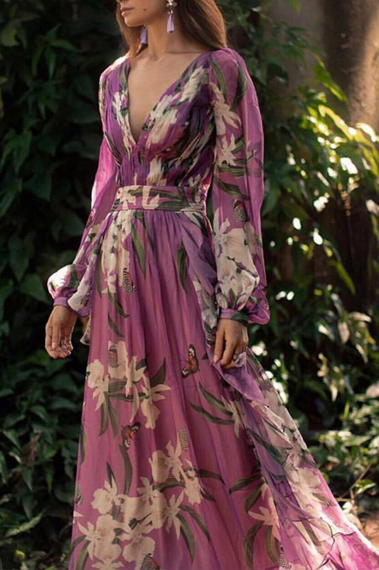BELLA | LÄSSIGES DRUCK V-AUSSCHNITT-KLEID